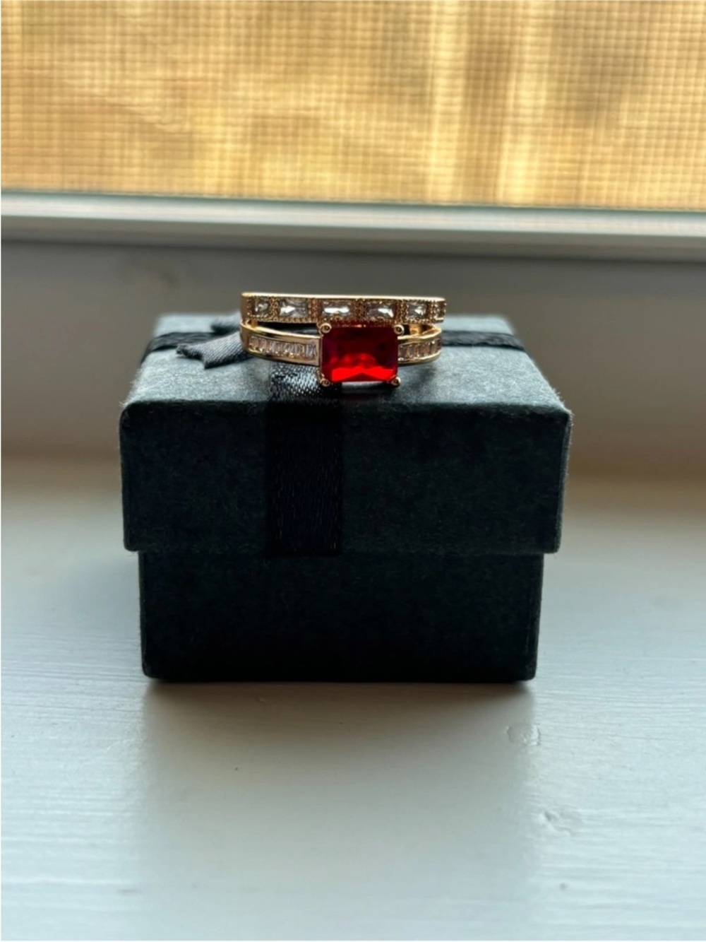 Gold Plated Ruby Red CZ Stacked Ring Size 6 Double Band Baguette & Pave - Picture 3 of 9